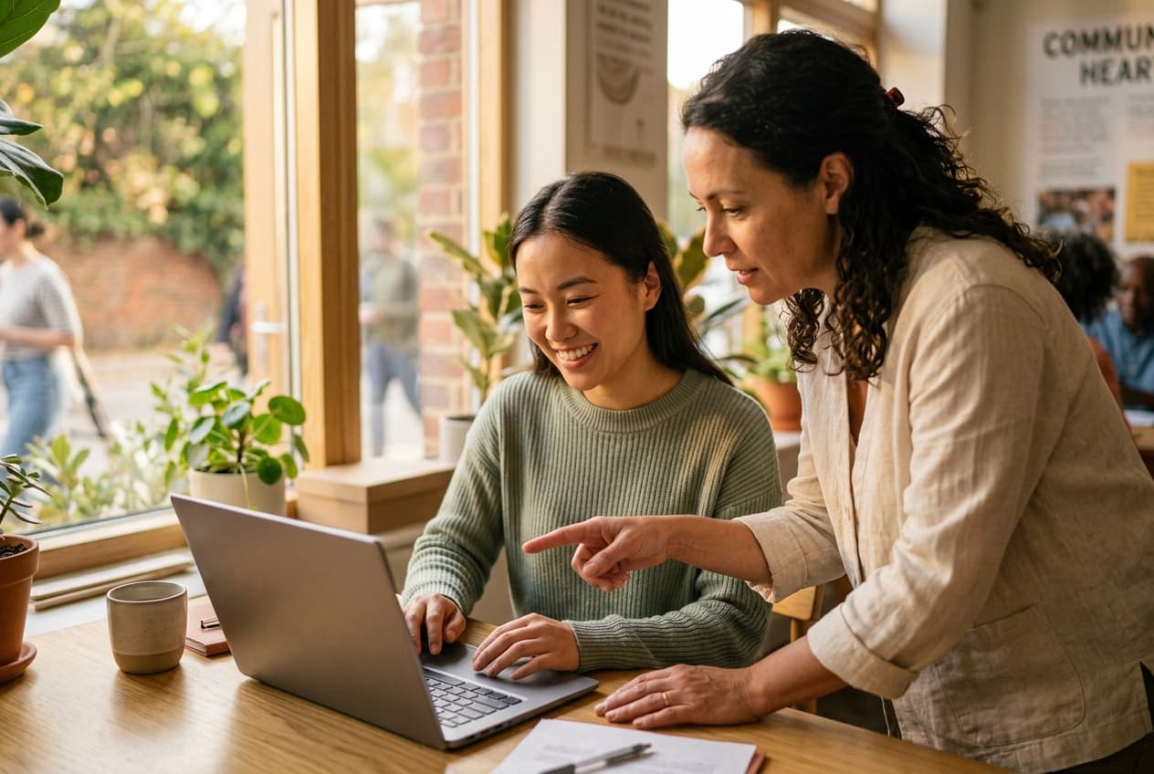A woman helping another woman learn a digital skill on a laptop
