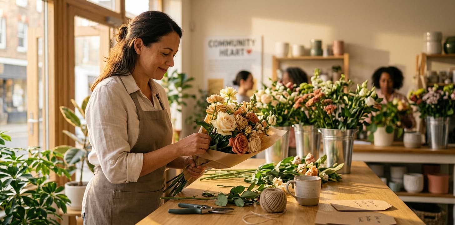 A woman arranging a bouquet in a neighborhood flower studio