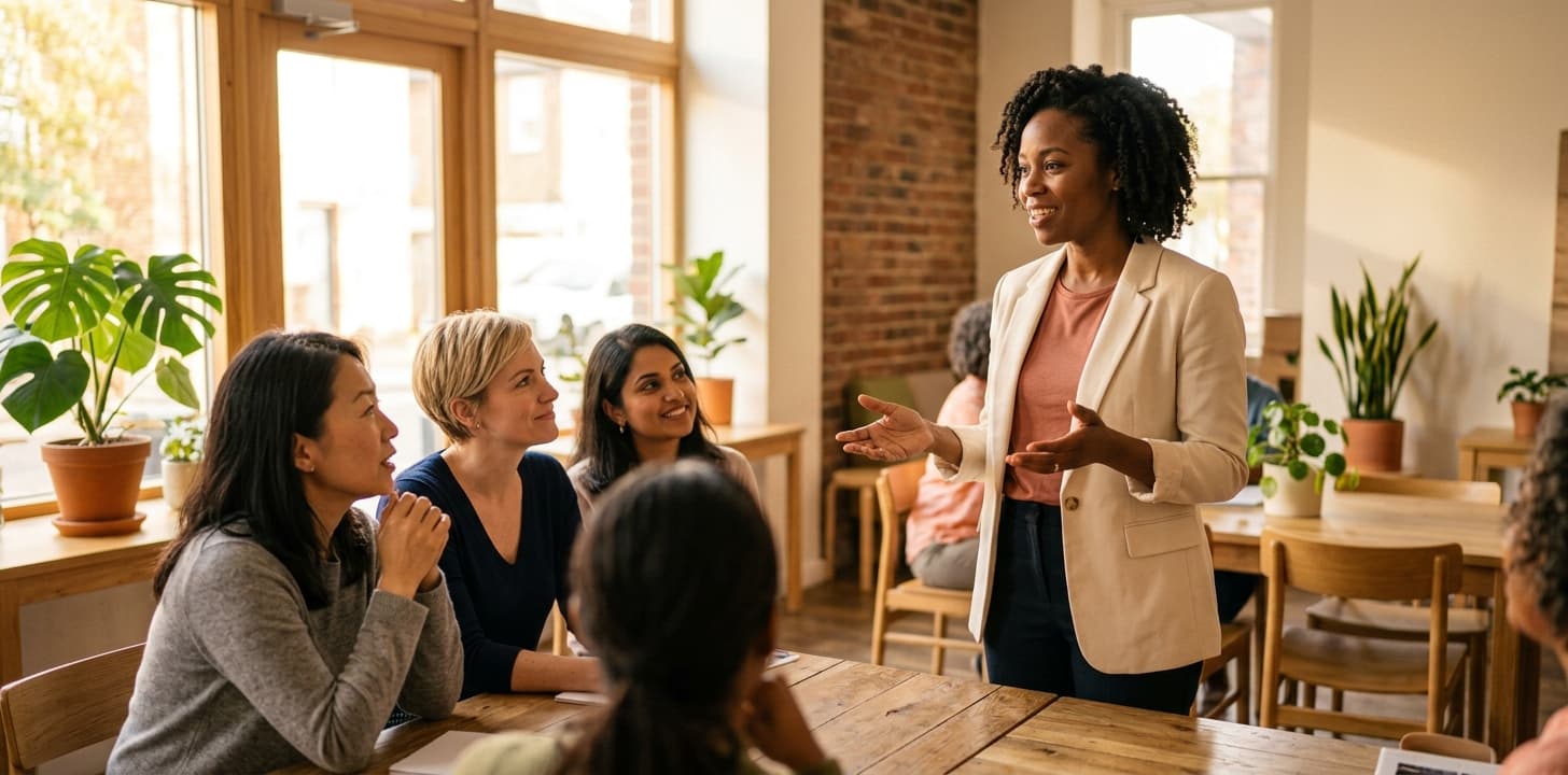 A woman leading a discussion with workshop participants
