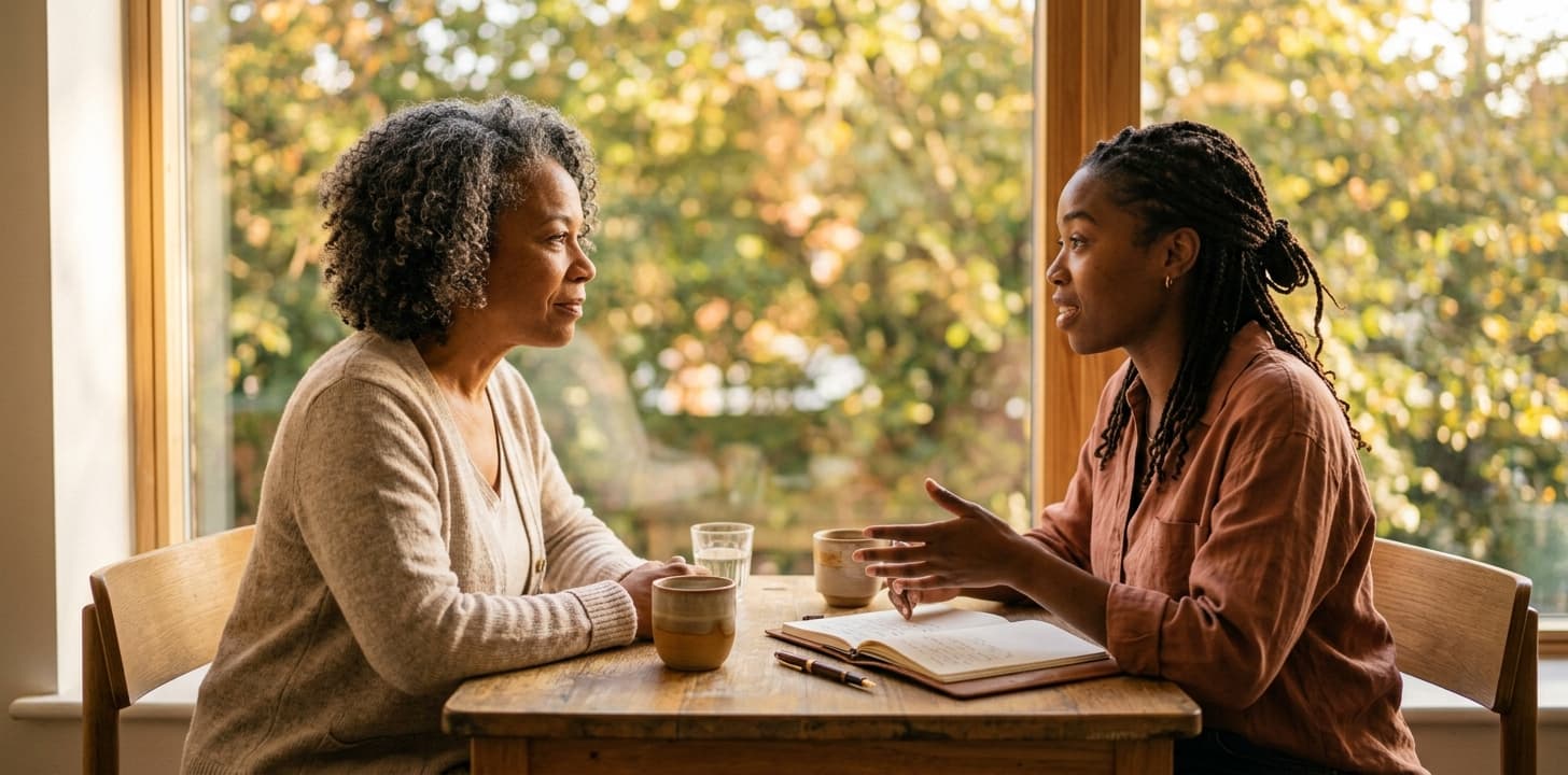 Two women sharing a mentorship conversation beside a sunlit window