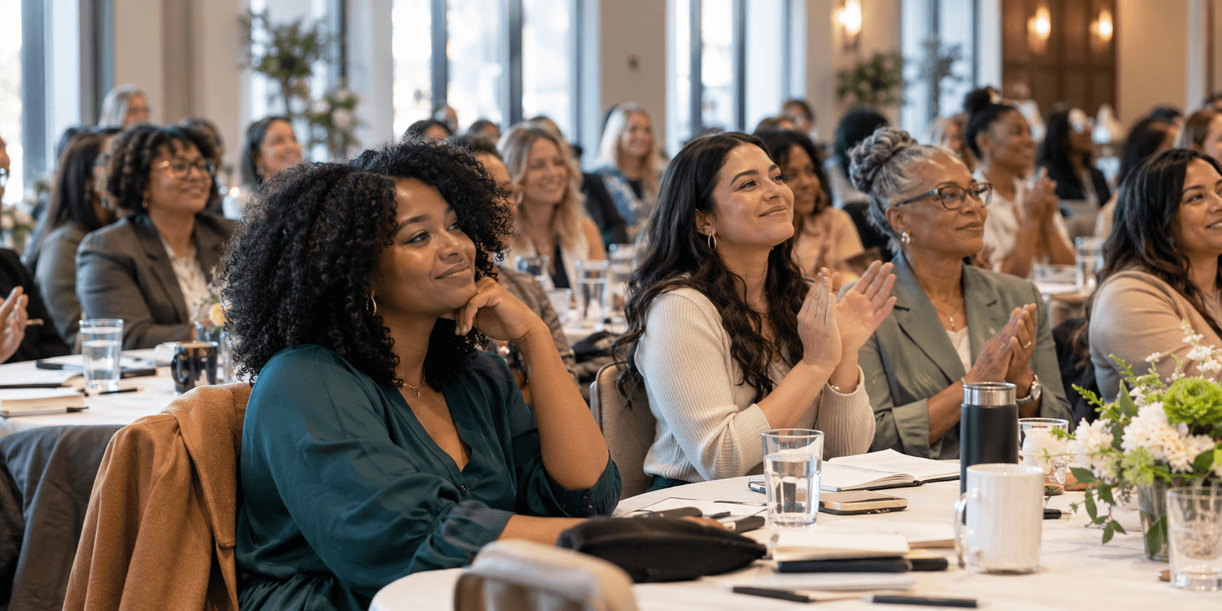 Women of different generations listening and applauding at a leadership gathering