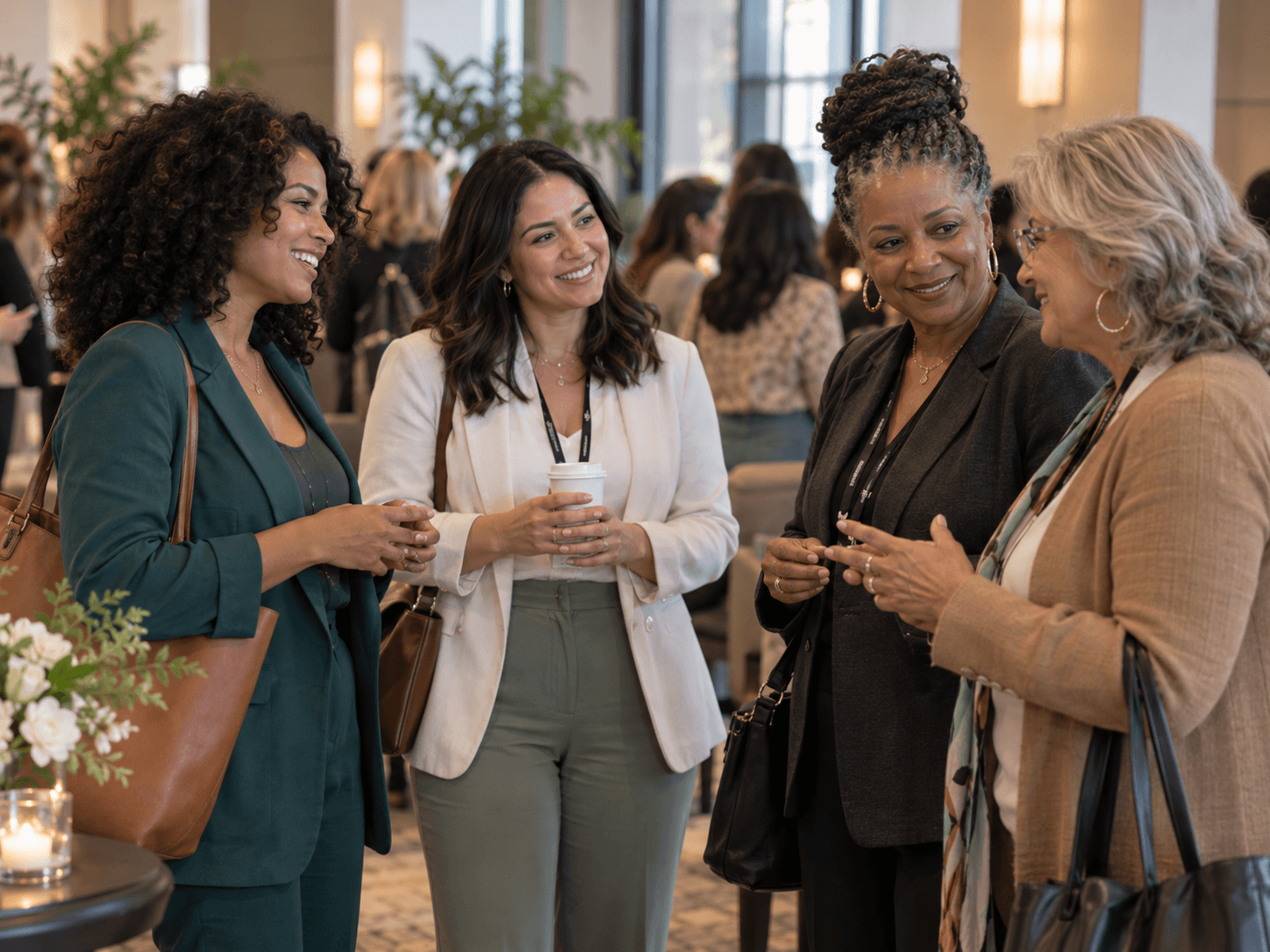Women from different generations smiling and talking in a conference foyer