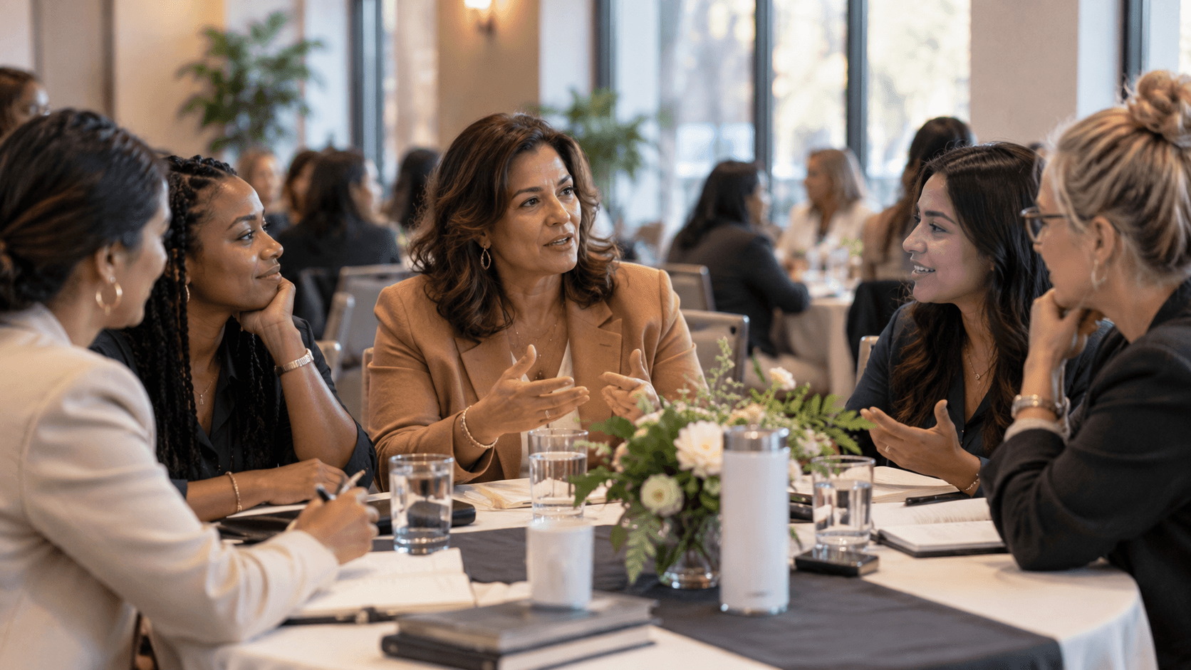 Women sharing ideas around a table during a leadership discussion