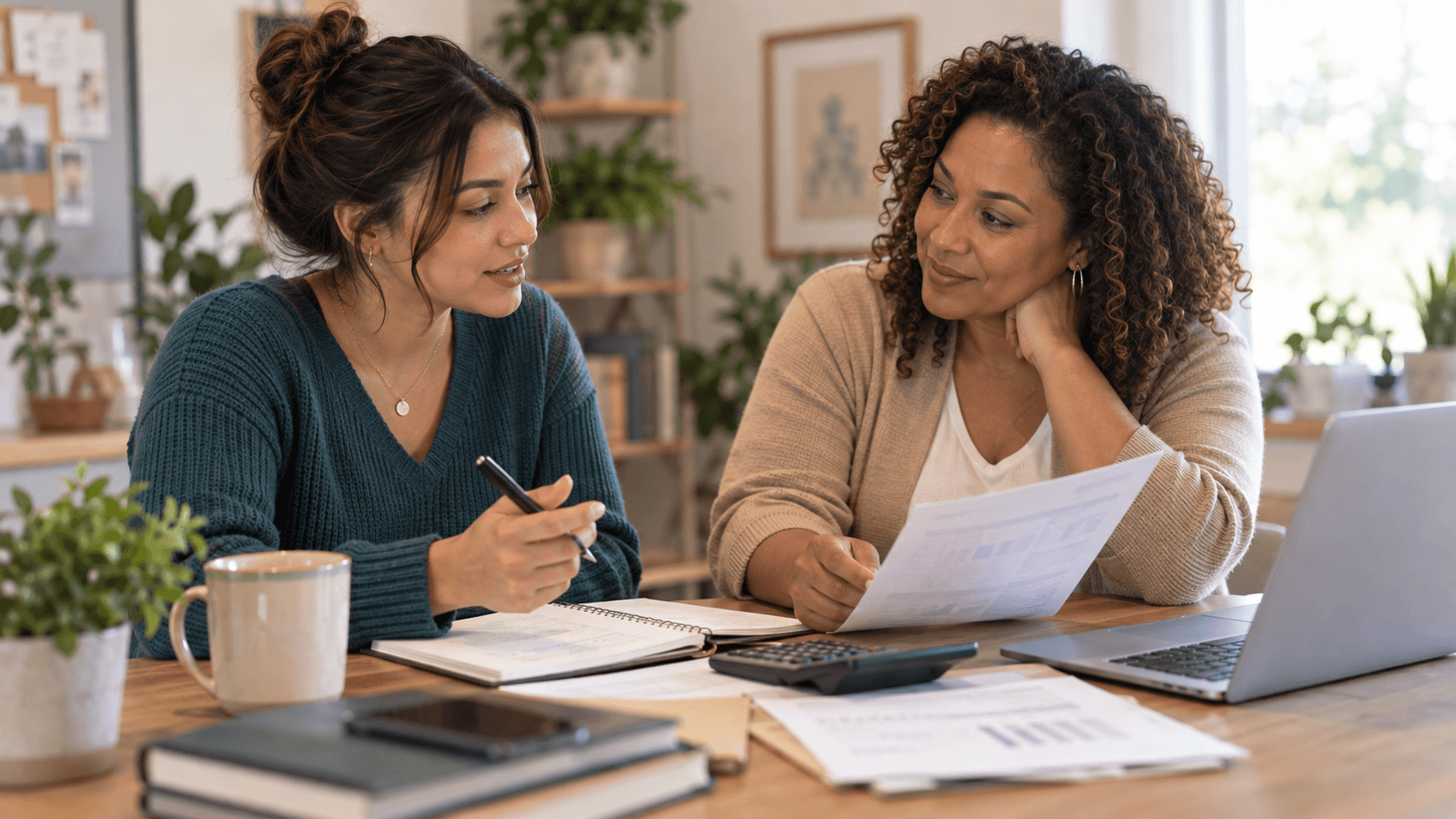 Two women reviewing financial paperwork with a notebook and calculator