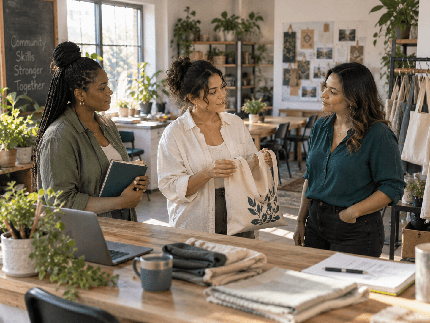 Three women discussing a community collaboration in a creative studio