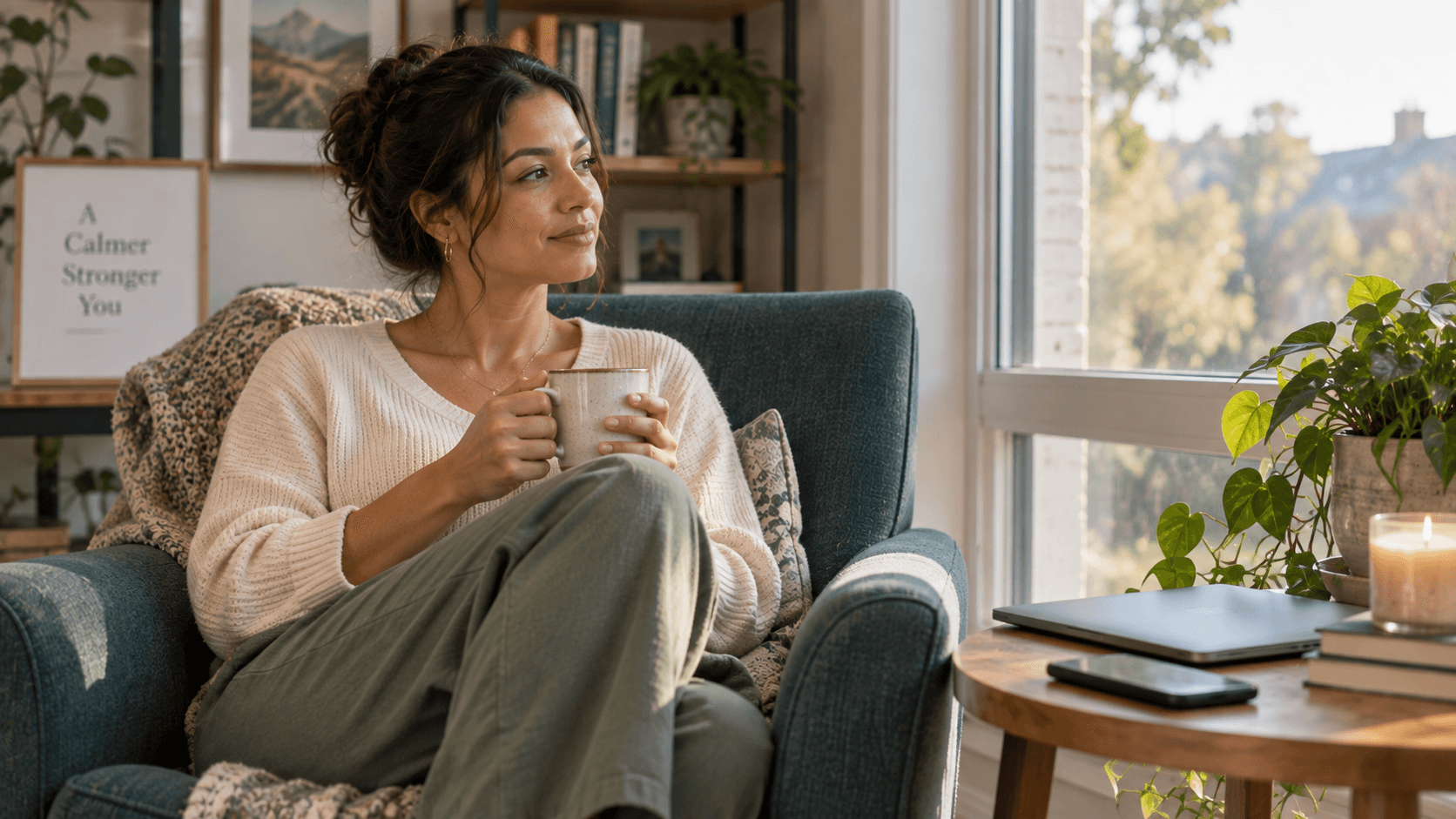 A young woman resting with a warm drink beside a window and a closed laptop