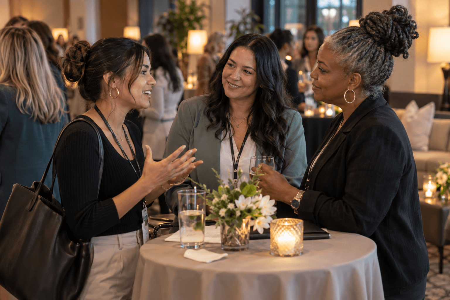 Three women connecting during an evening networking reception