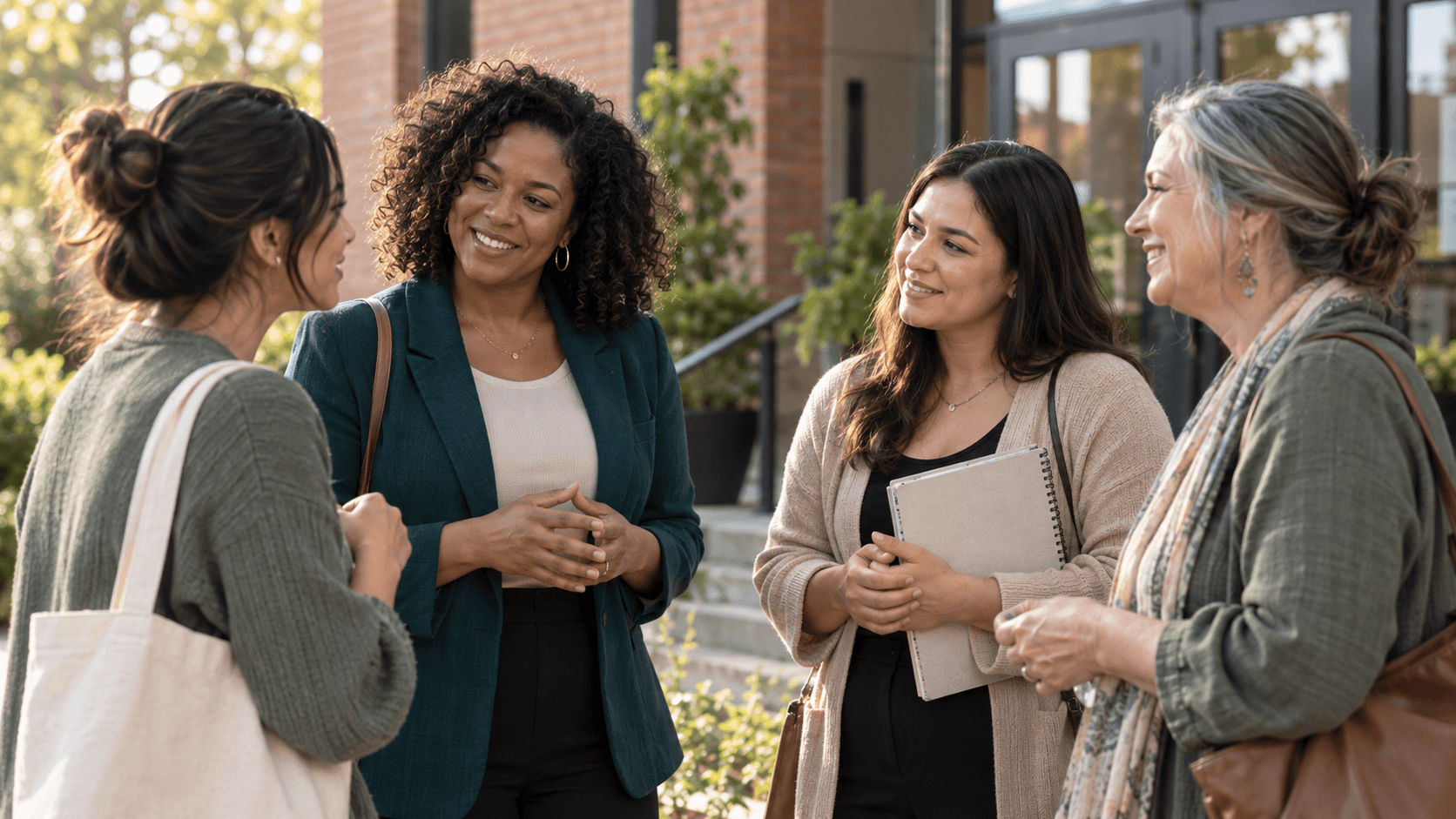 Women from different generations connecting outside a community center