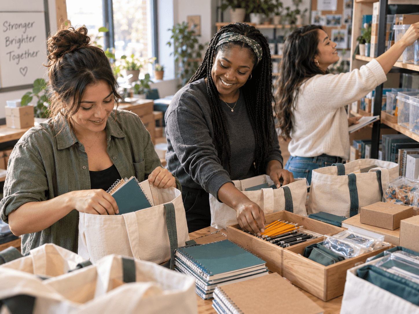Three young women packing notebooks and pencils into canvas bags for a community workshop