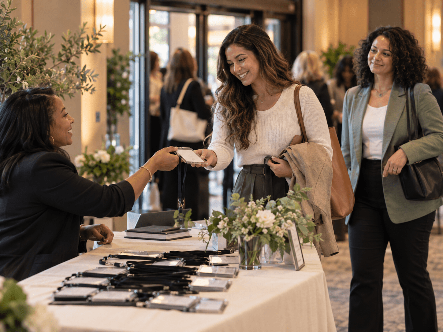 An attendee receiving a warm welcome and a badge at the registration table
