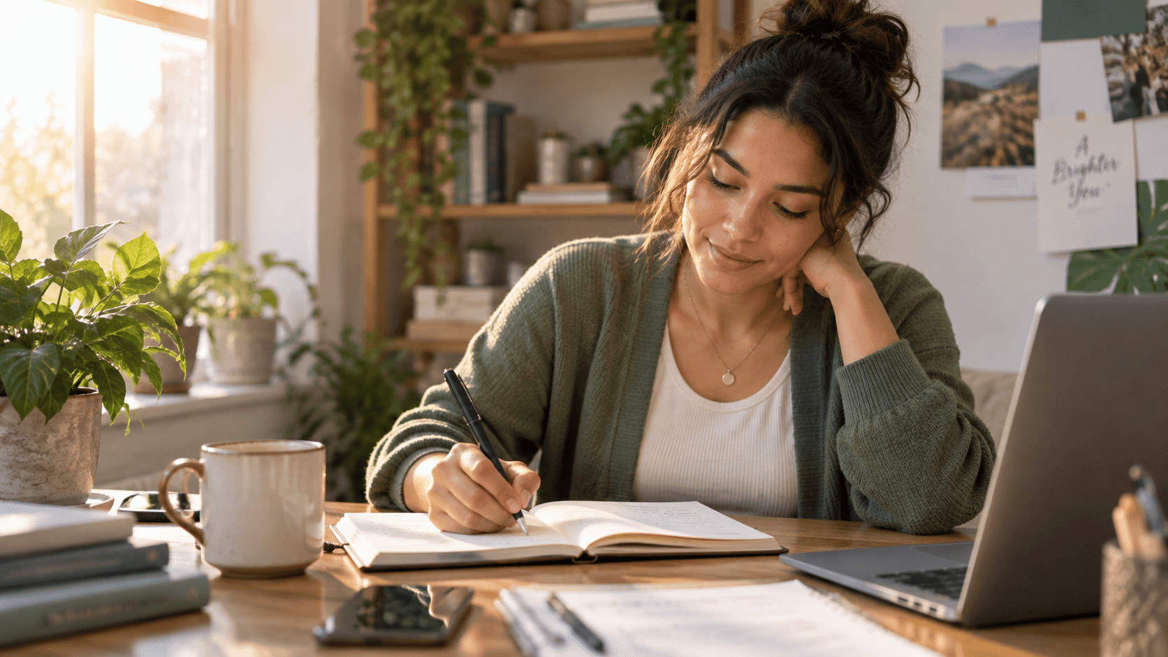 A young woman reflecting and writing in a notebook at a sunlit desk