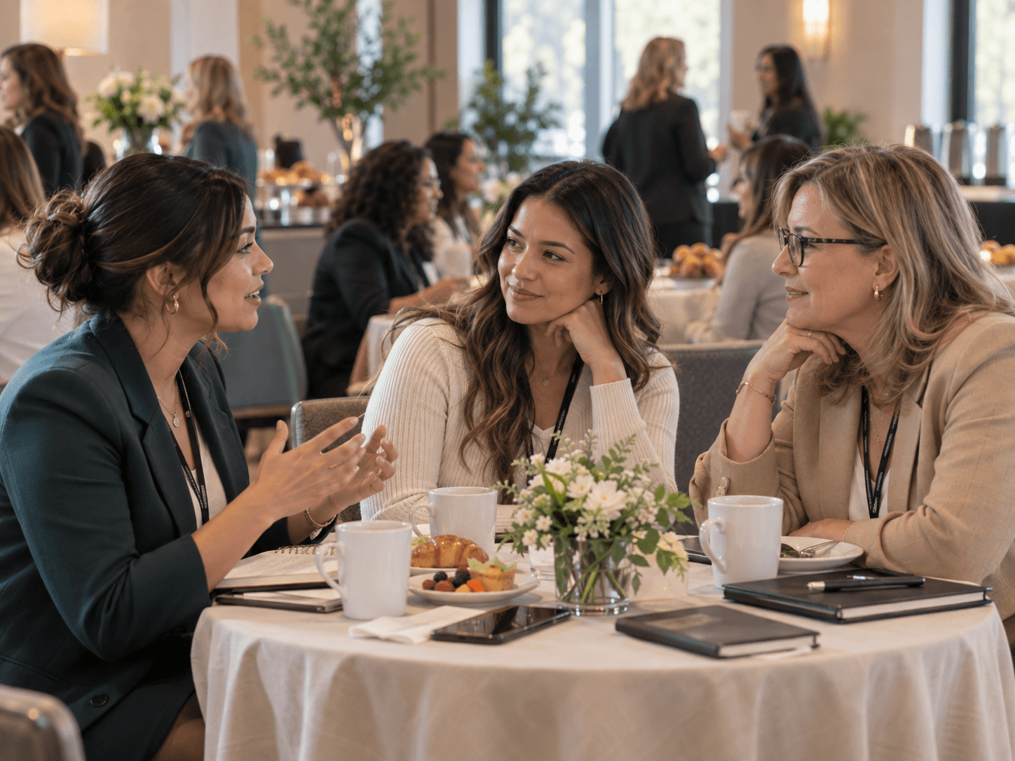 Three women talking over coffee at a networking breakfast