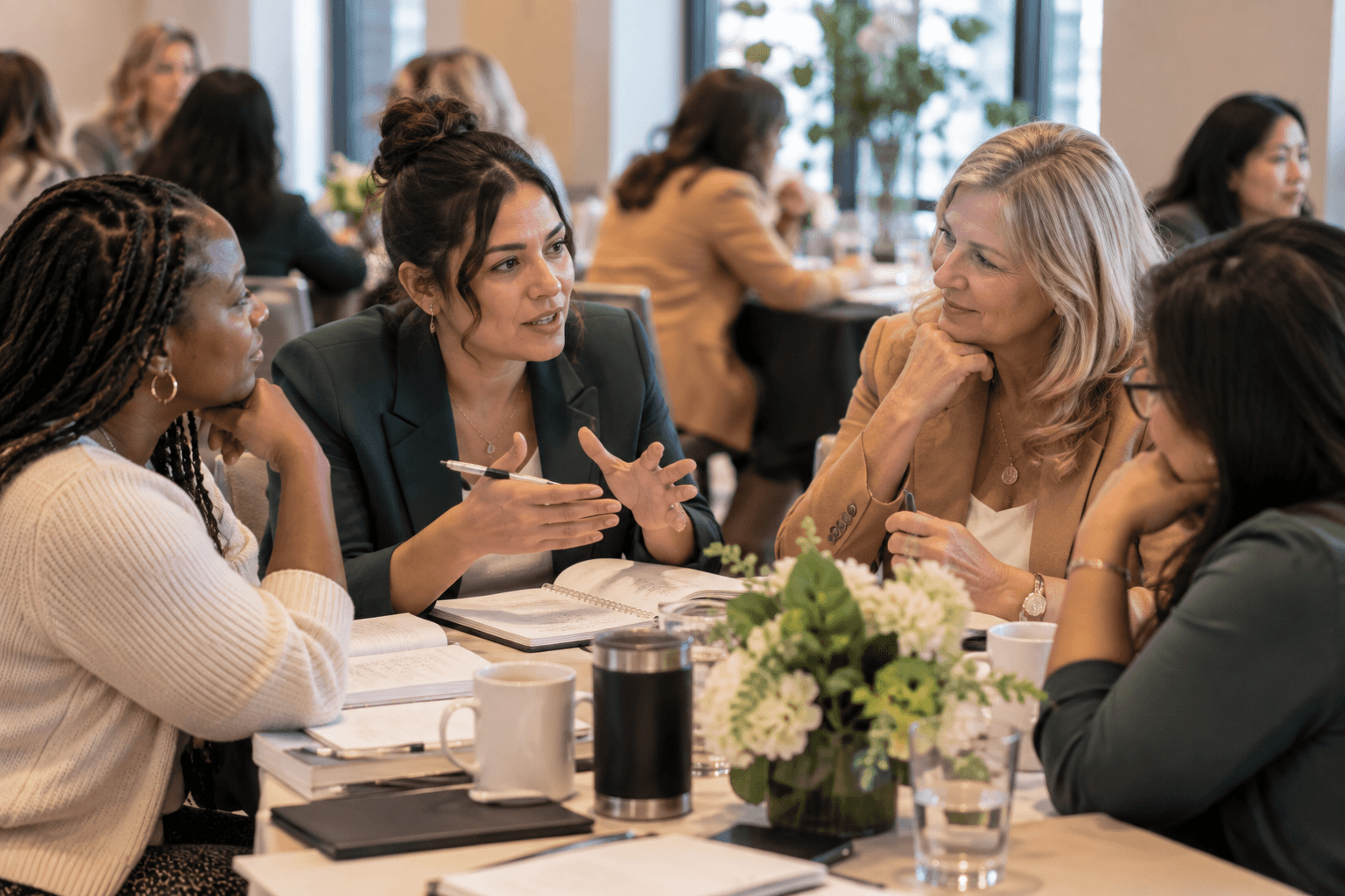 Women exchanging ideas and taking notes during a collaborative workshop