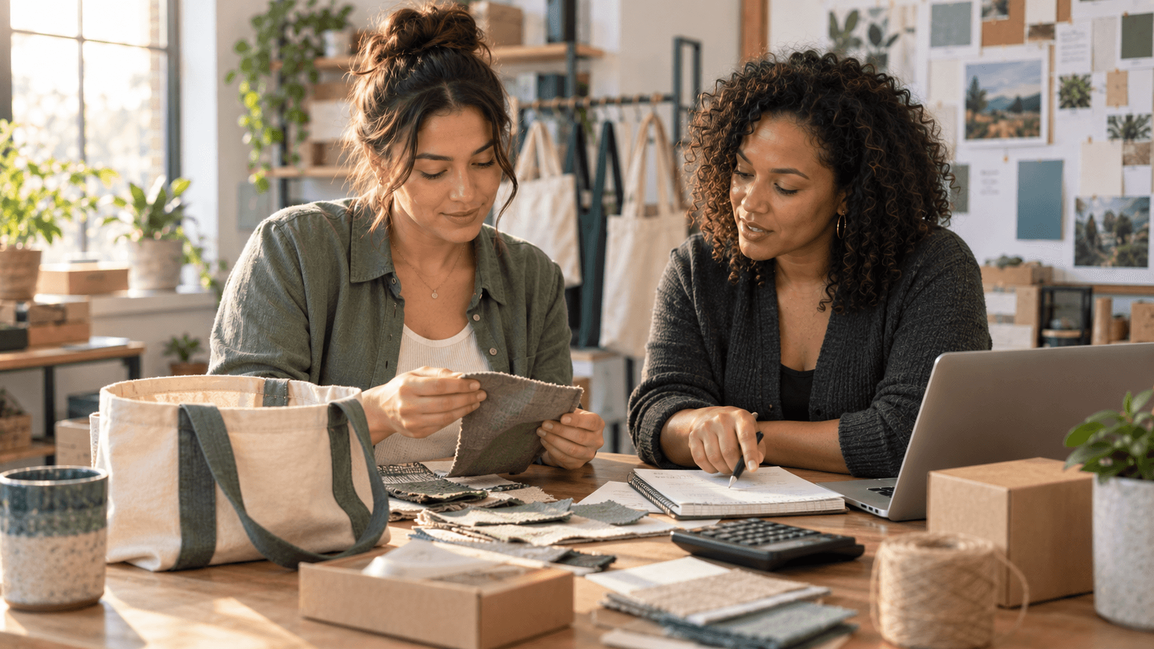 Two women reviewing fabric samples and business planning notes in a creative studio