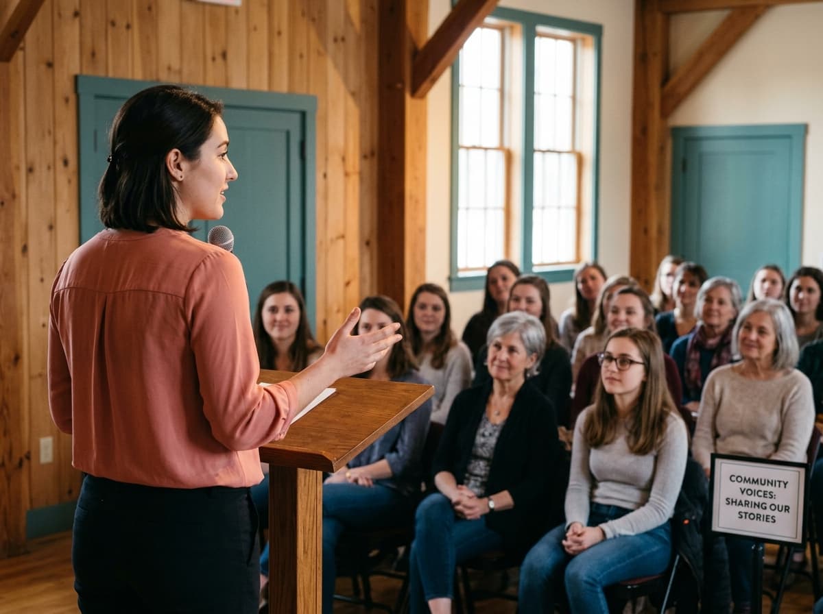 A young woman speaking to an audience of women from different generations