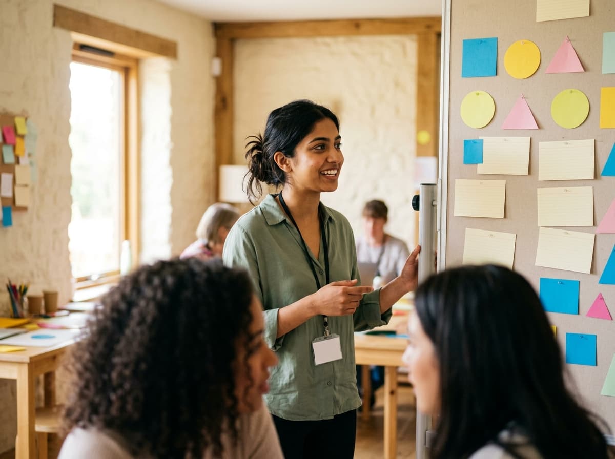 A young woman sharing an idea beside a workshop pinboard