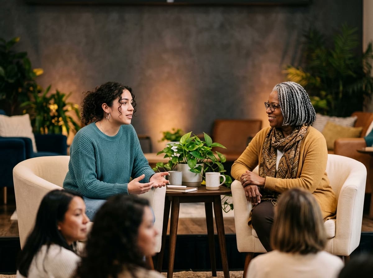 A young woman and an older woman having a thoughtful conversation before an audience