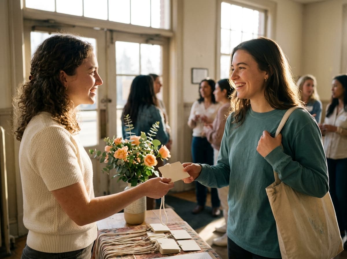 A young volunteer welcoming an attendee with a name badge