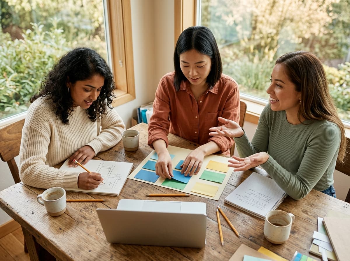 Three young women collaborating on a project at a shared table