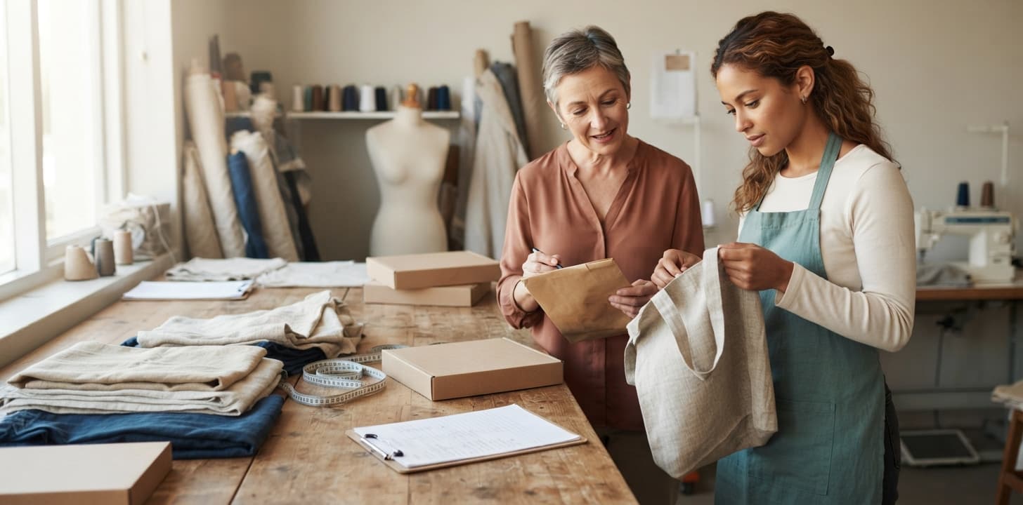 A young entrepreneur and her mentor reviewing a handmade tote and packaging