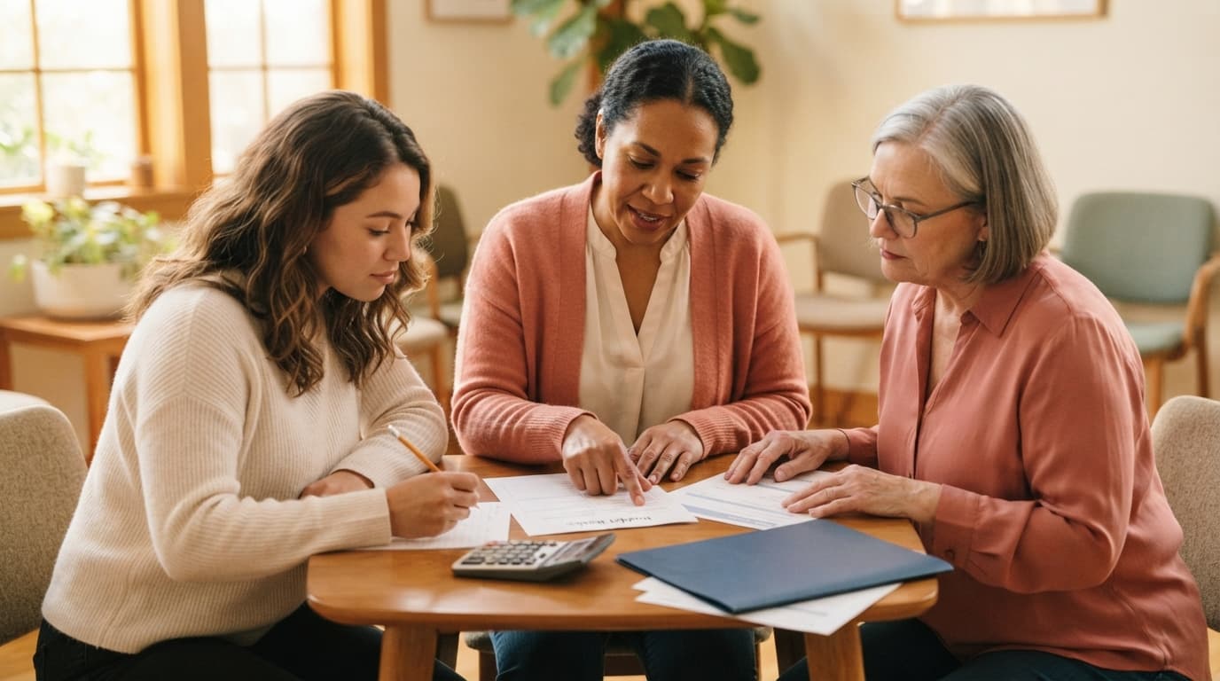 An educator reviewing financial worksheets with two women