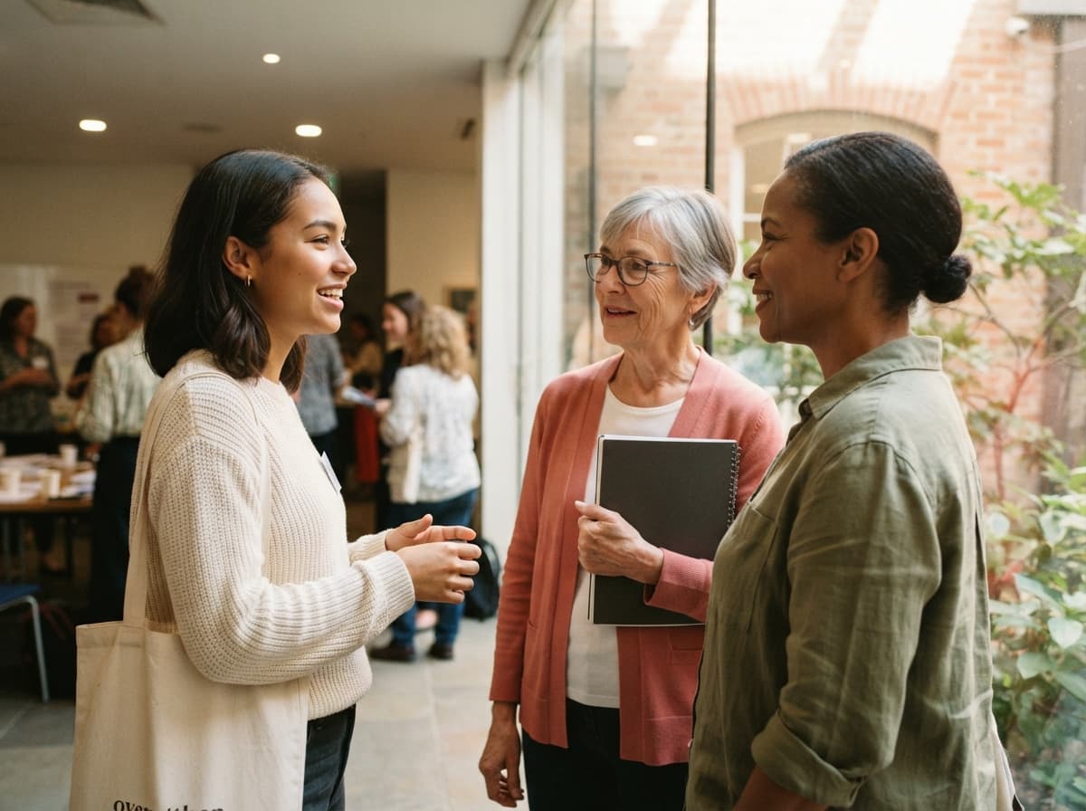 Three women making a new connection during a workshop break