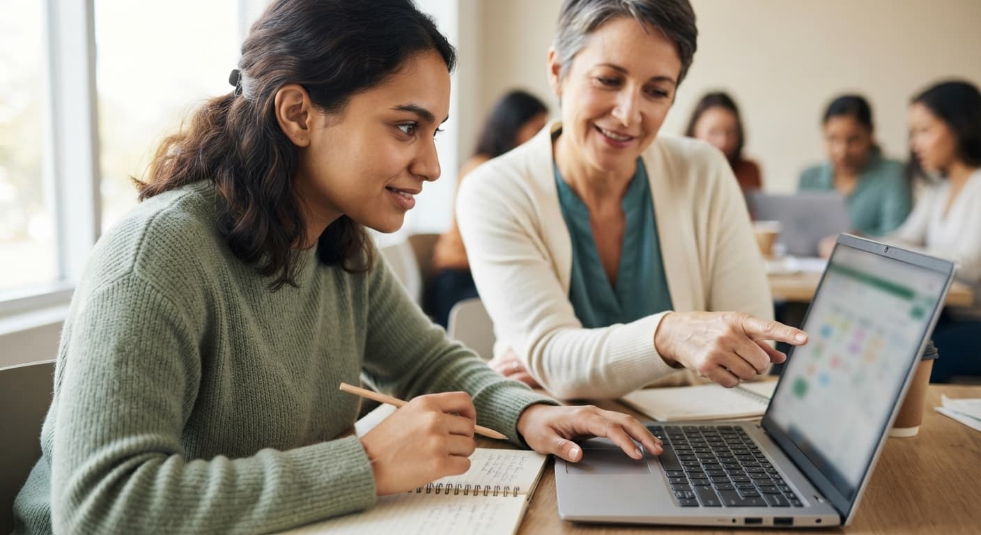 A woman learning a digital skill with guidance at a laptop