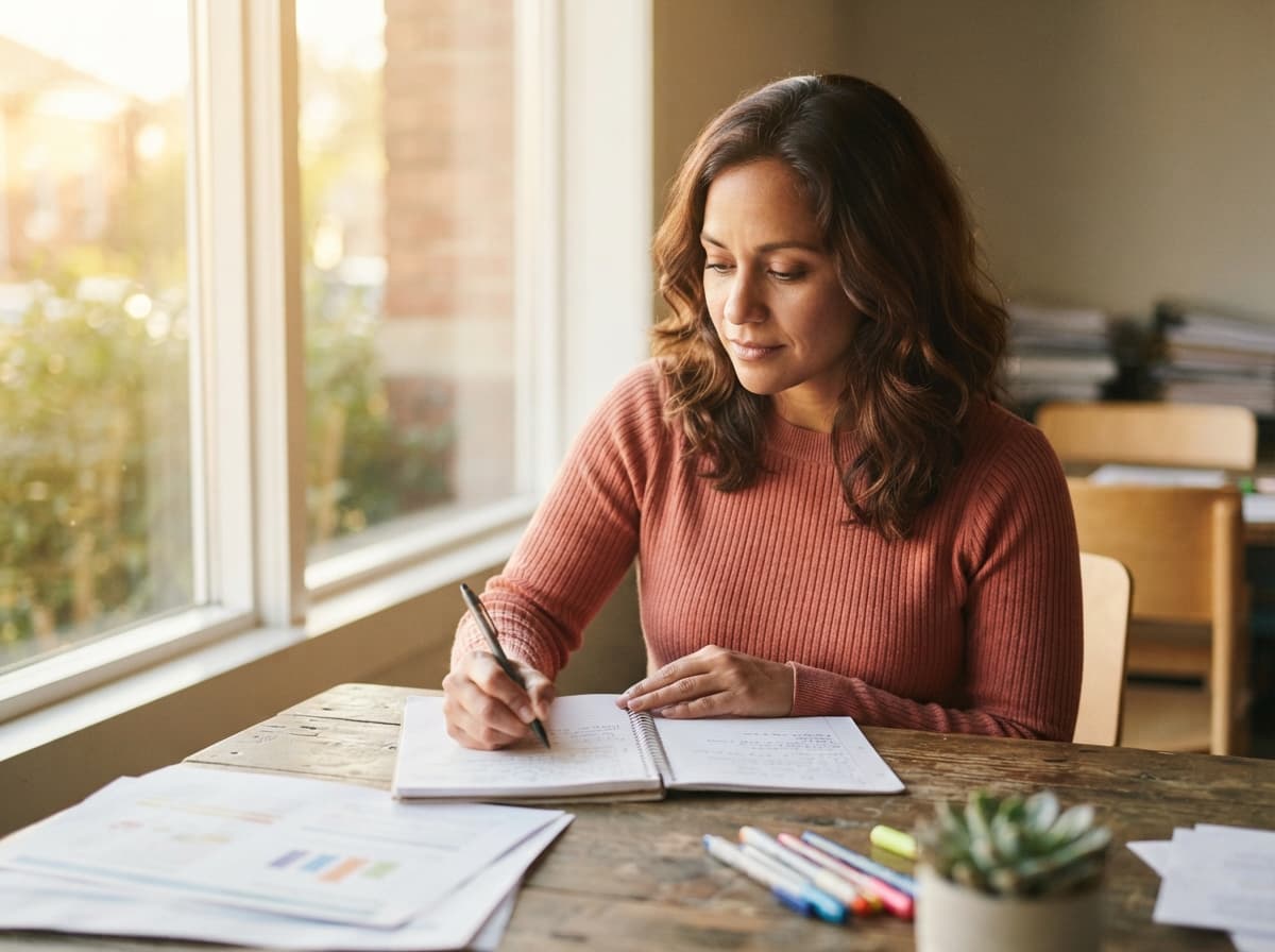 A woman reflecting and writing in her notebook after a workshop