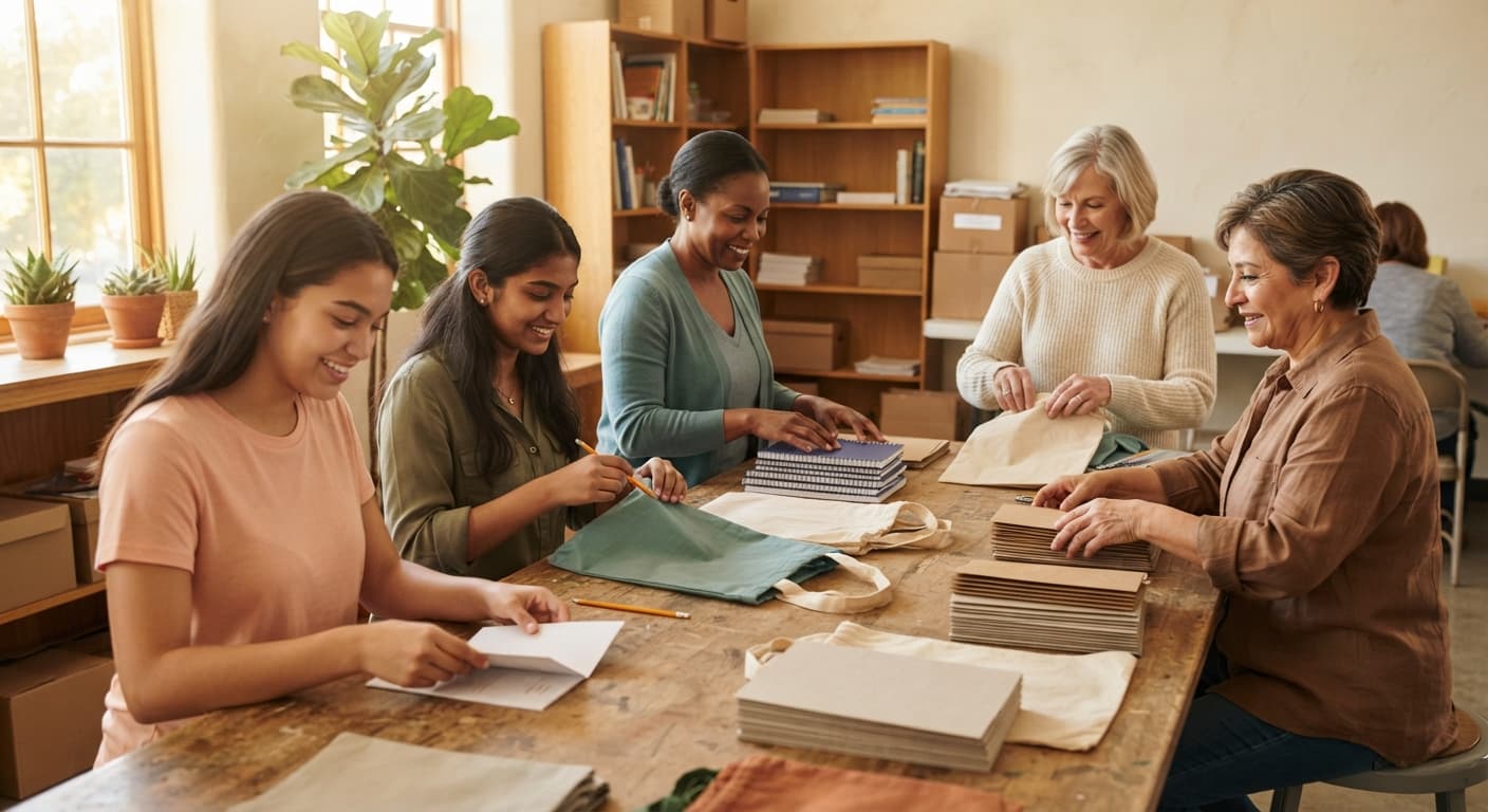 Women assembling educational resource packets together