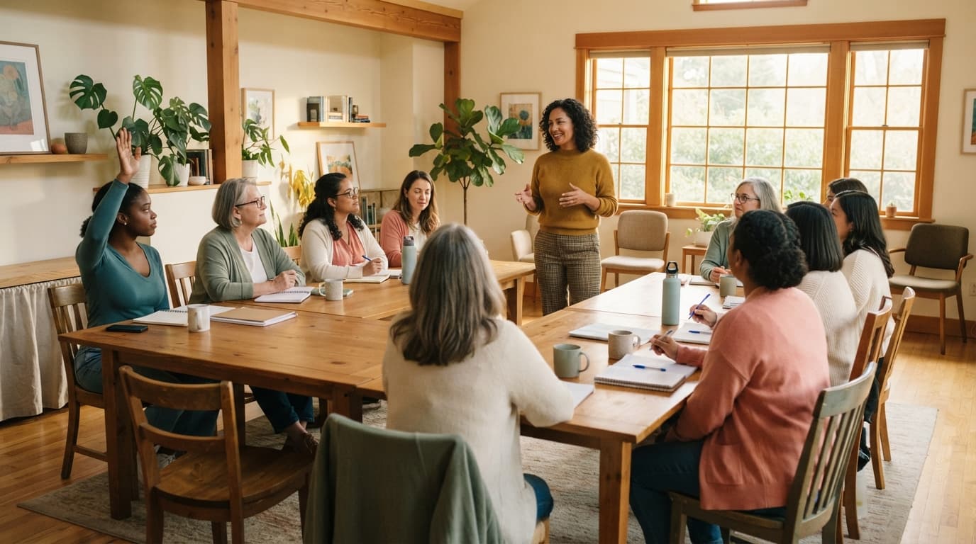 Women from different generations participating in a sunlit community workshop
