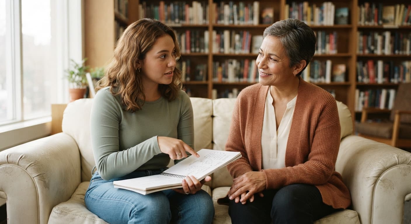 A young woman discussing her goals with a mentor in a library